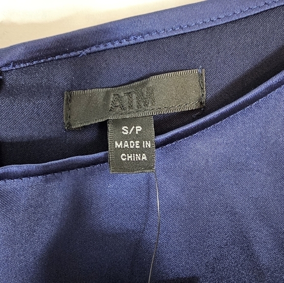 Atm size Small navy short-sleeve satin slip A-line dress midi NWT - Picture 2 of 6